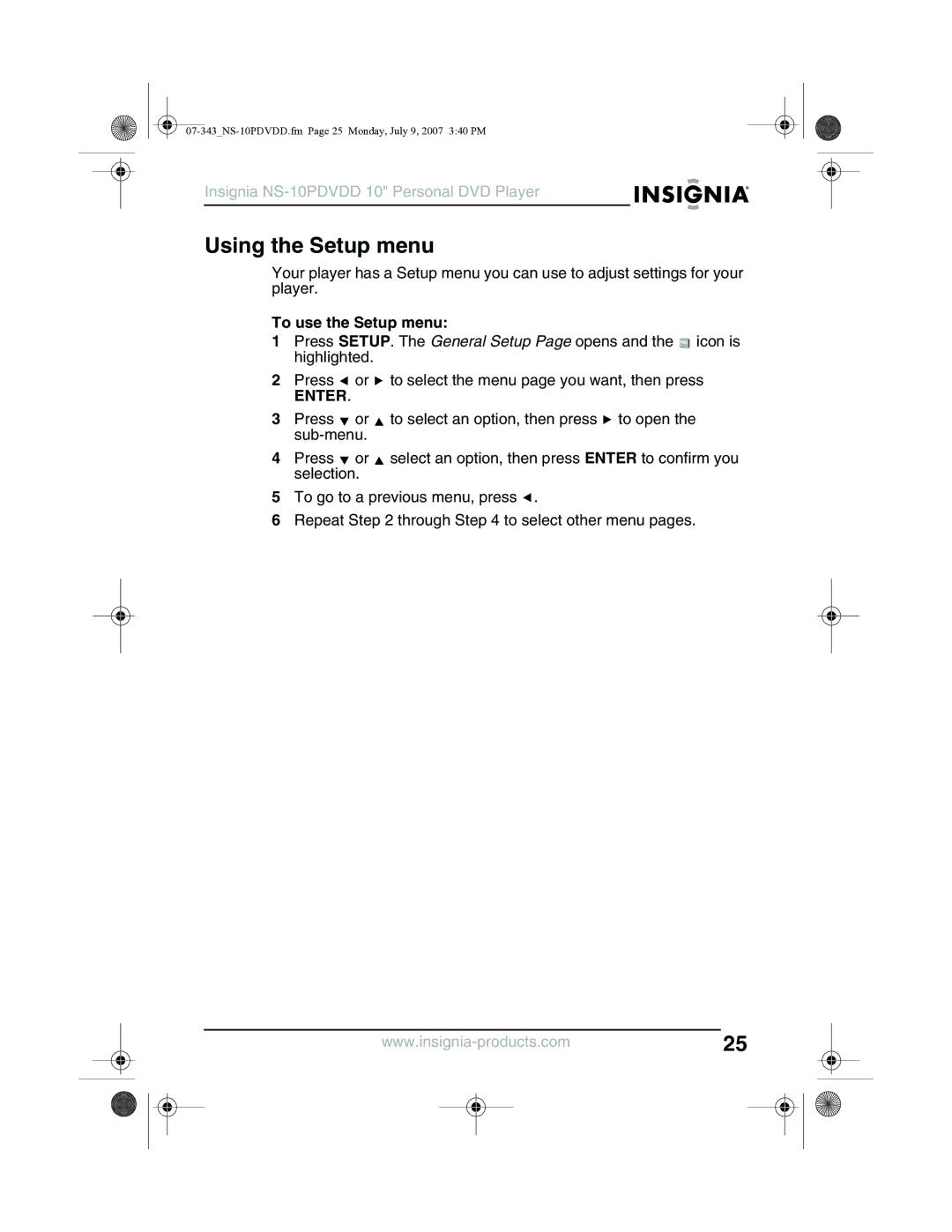 Insignia NS-10PDVDD manual Using the Setup menu, To use the Setup menu 