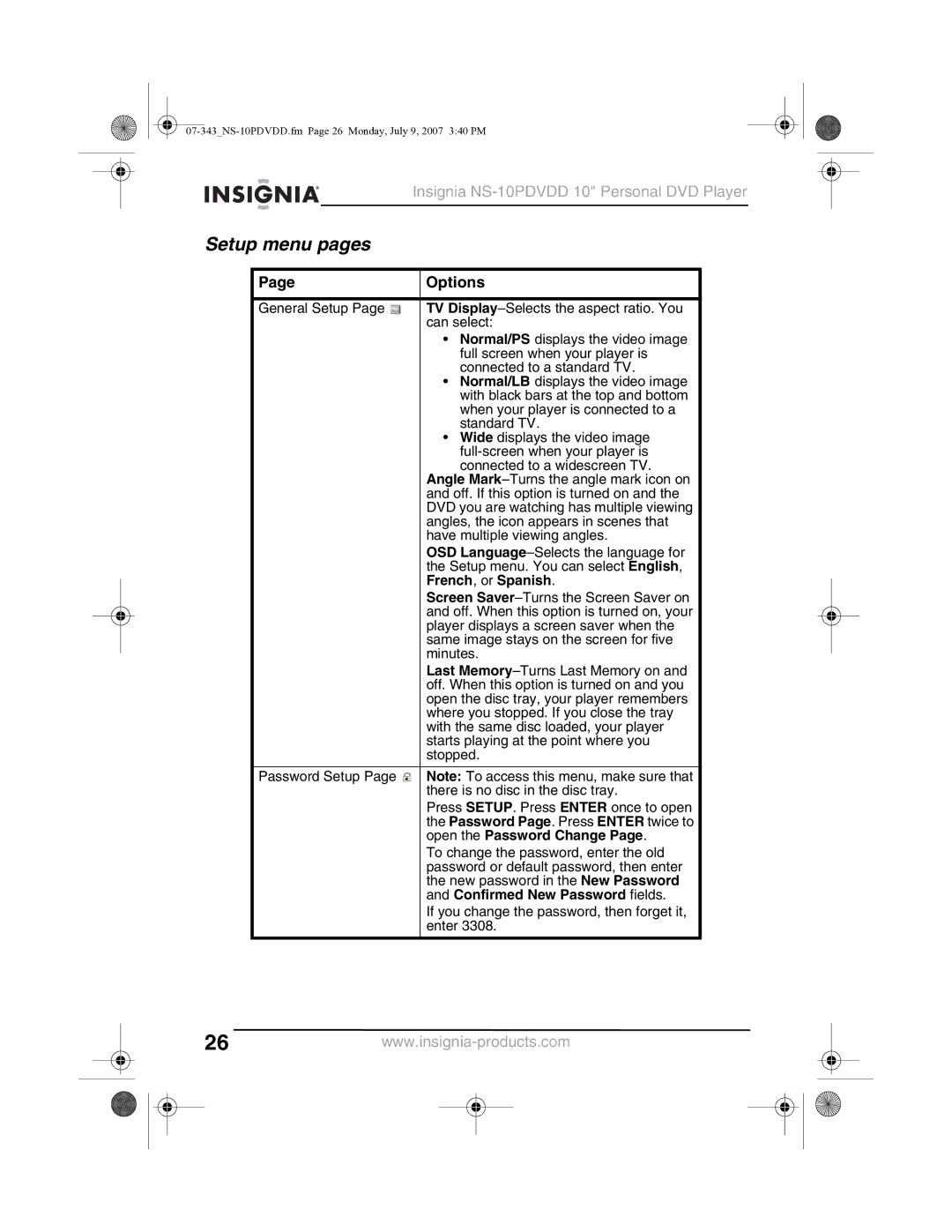 Insignia NS-10PDVDD manual Setup menu pages, Options 