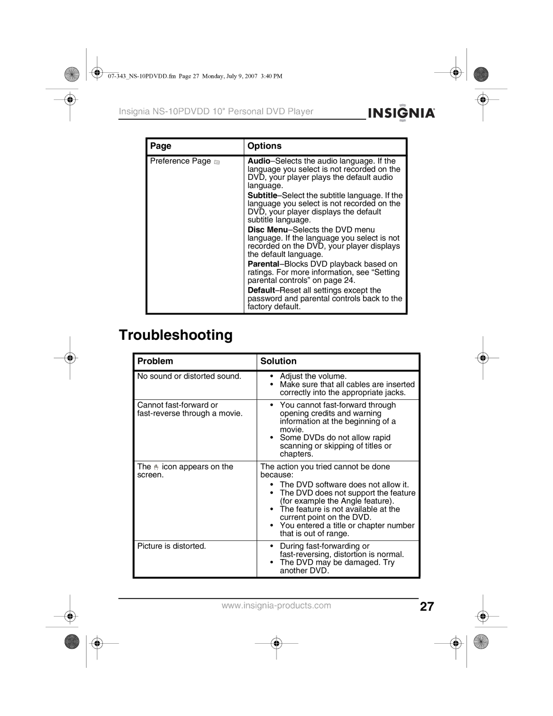 Insignia NS-10PDVDD manual Troubleshooting, Problem Solution 