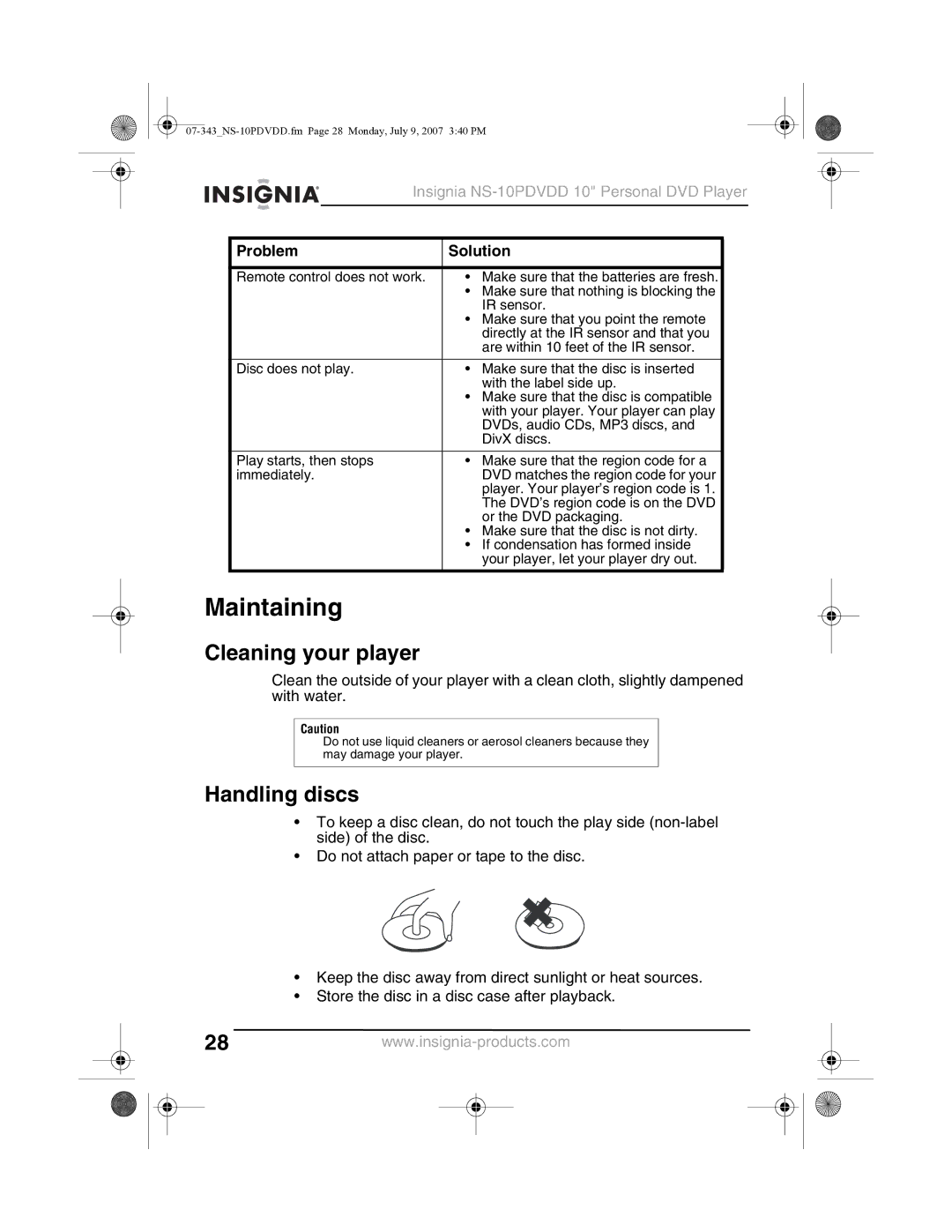 Insignia NS-10PDVDD manual Maintaining, Cleaning your player, Handling discs 