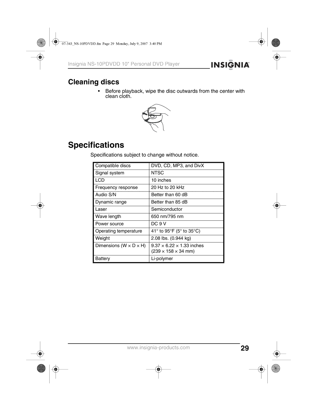 Insignia NS-10PDVDD manual Specifications, Cleaning discs, Ntsc, Lcd 