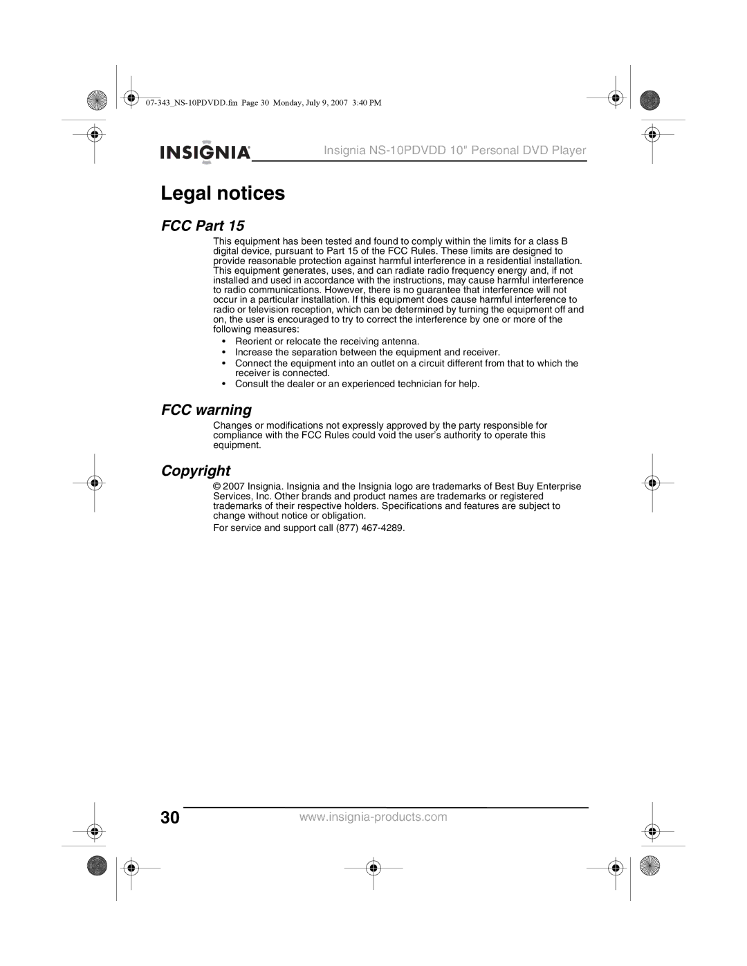 Insignia NS-10PDVDD manual Legal notices, FCC Part, FCC warning, Copyright 