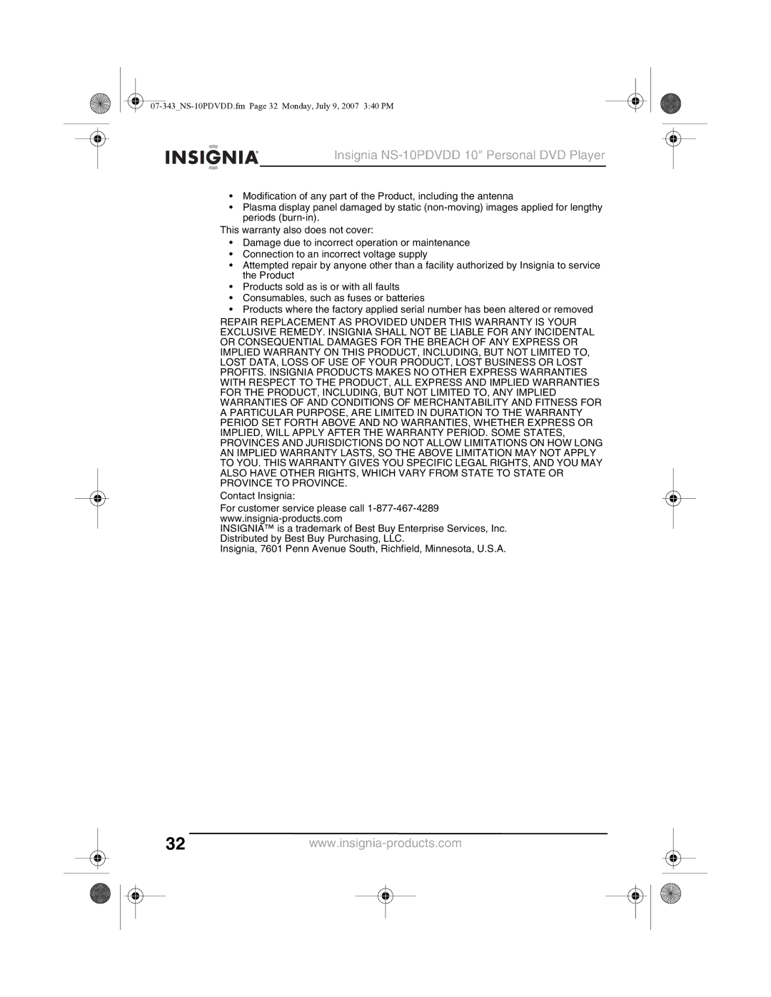 Insignia manual 07-343NS-10PDVDD.fm Page 32 Monday, July 9, 2007 340 PM 