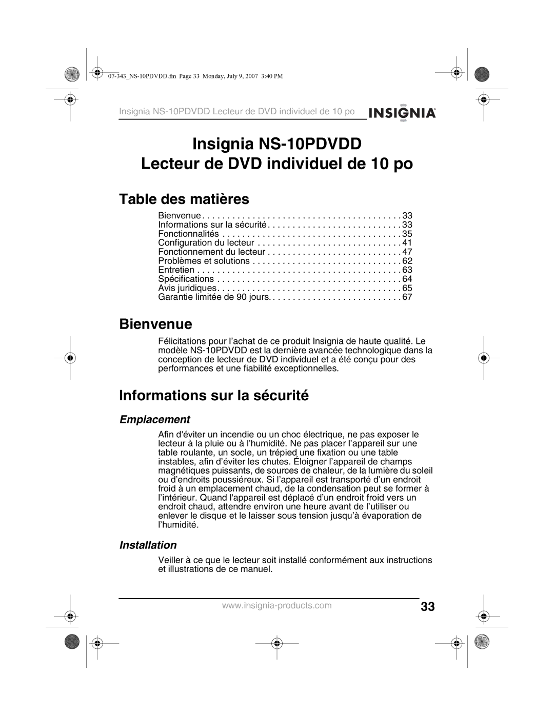 Insignia NS-10PDVDD manual Table des matières, Bienvenue, Informations sur la sécurité, Emplacement 