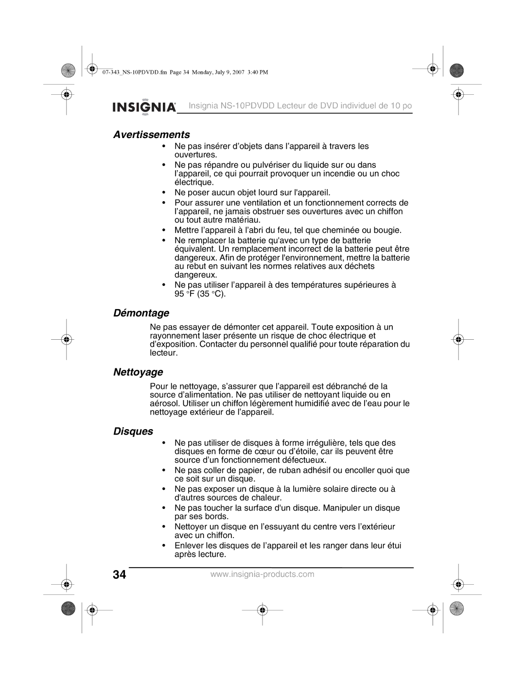 Insignia NS-10PDVDD manual Avertissements, Démontage, Nettoyage, Disques 