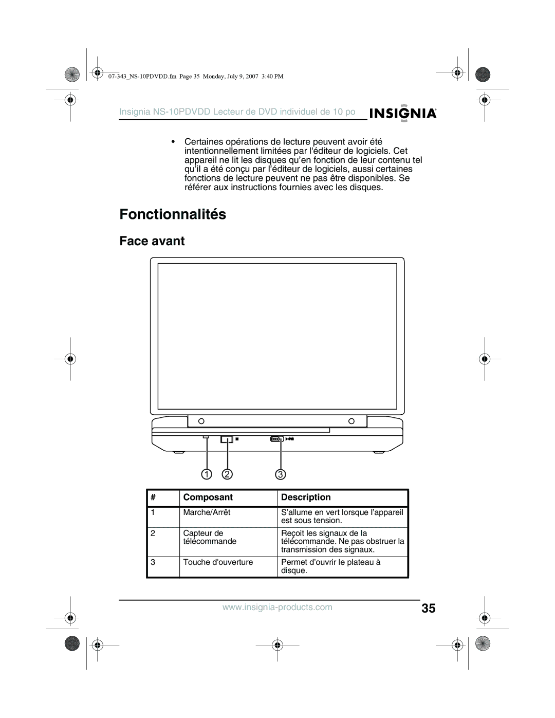 Insignia NS-10PDVDD manual Fonctionnalités, Face avant, Composant Description 