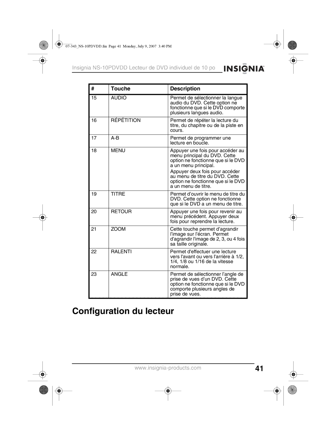 Insignia NS-10PDVDD manual Configuration du lecteur, Répétition, Titre, Retour, Ralenti 