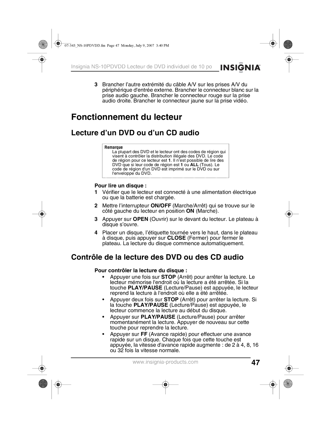 Insignia NS-10PDVDD manual Fonctionnement du lecteur, Lecture d’un DVD ou d’un CD audio, Pour lire un disque 