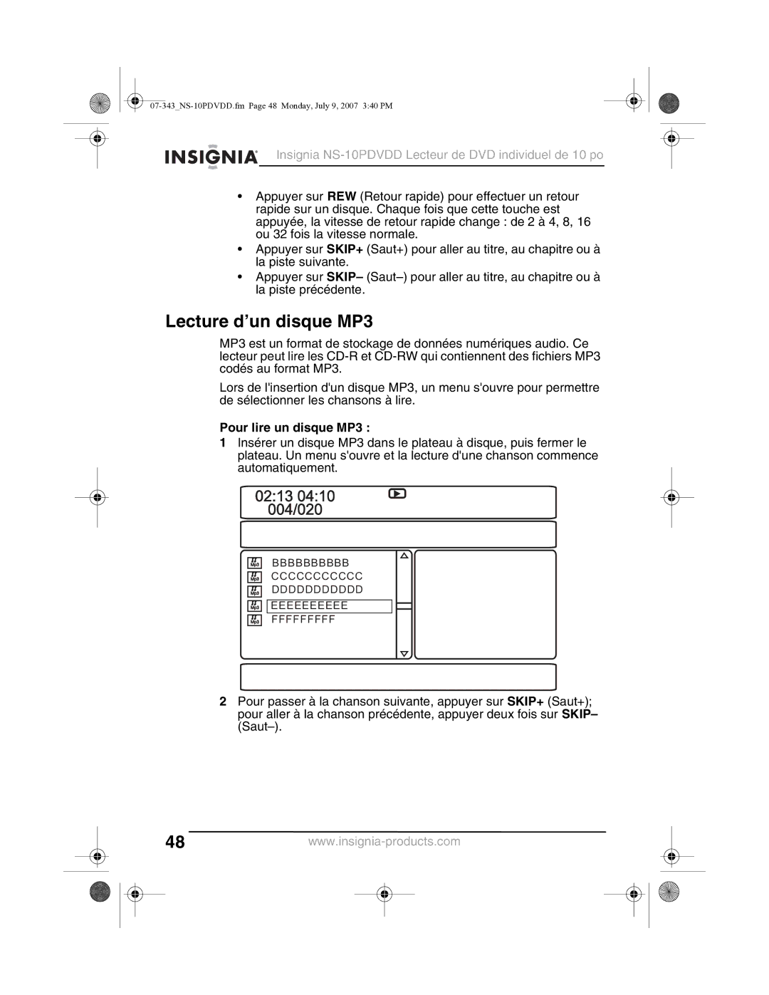 Insignia NS-10PDVDD manual Lecture d’un disque MP3, Pour lire un disque MP3 