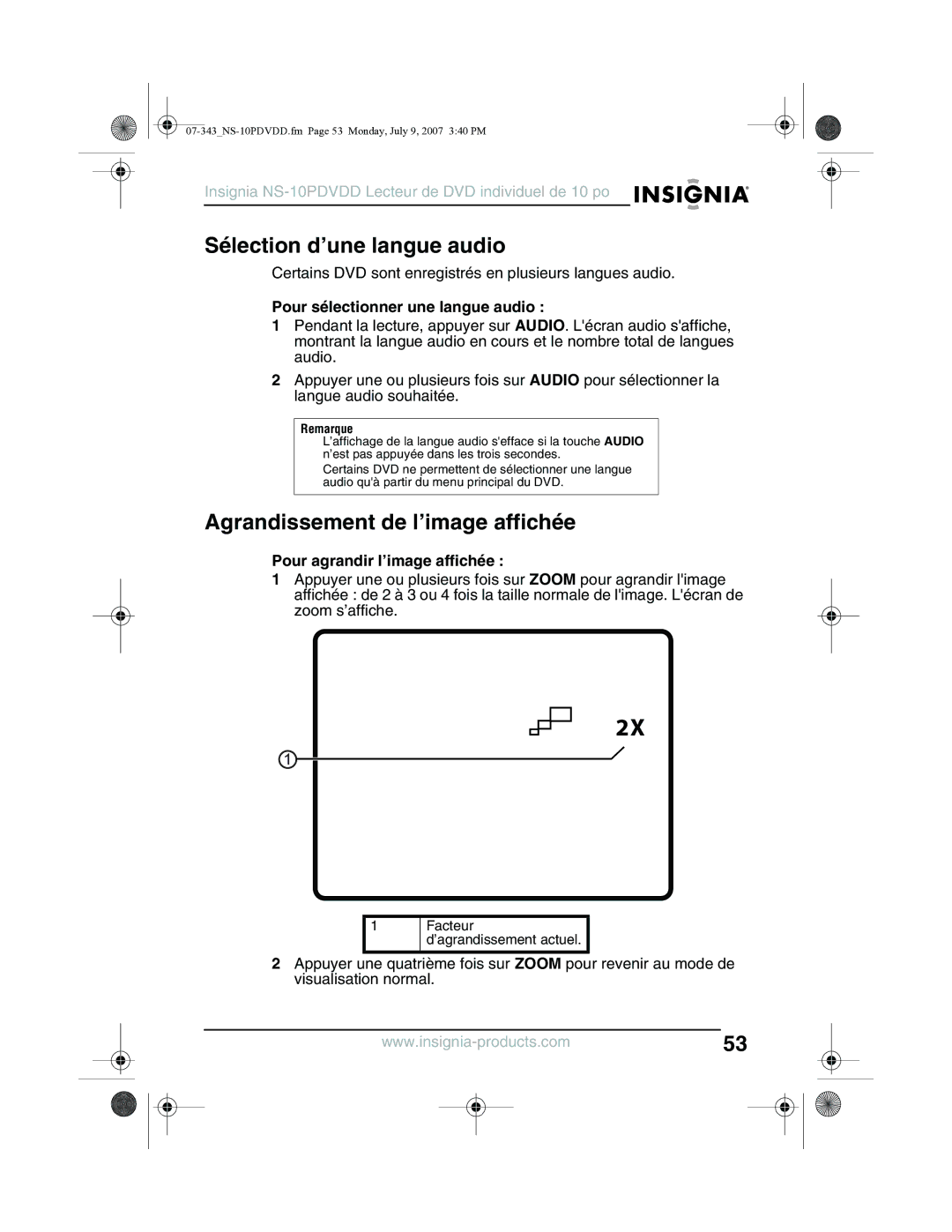 Insignia NS-10PDVDD Sélection d’une langue audio, Agrandissement de l’image affichée, Pour sélectionner une langue audio 