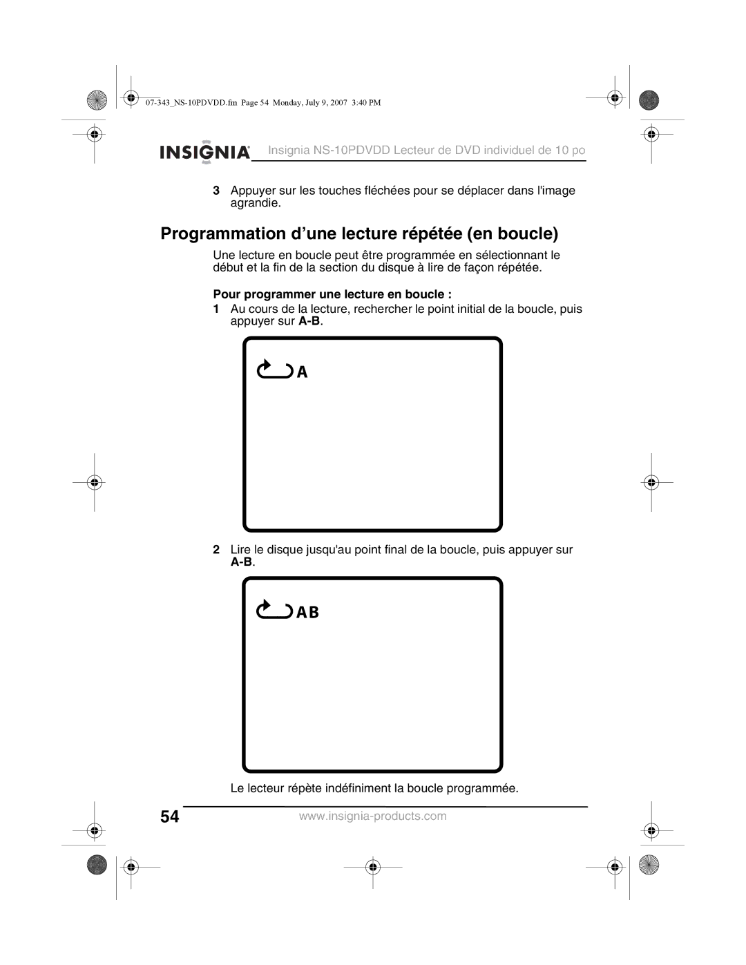 Insignia NS-10PDVDD manual Programmation d’une lecture répétée en boucle, Pour programmer une lecture en boucle 