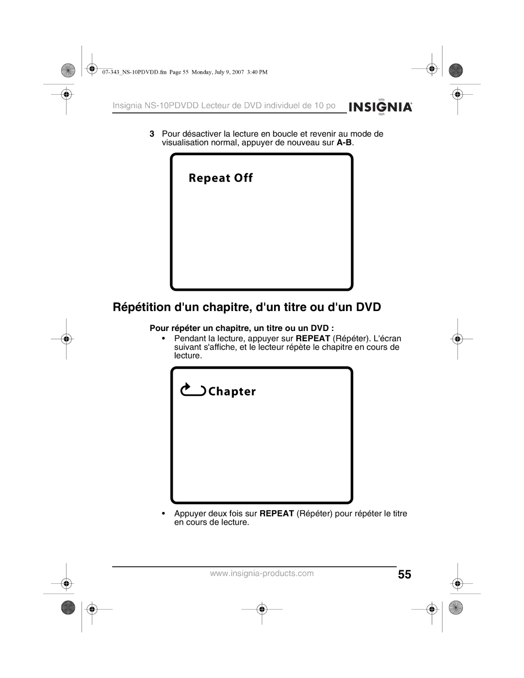 Insignia NS-10PDVDD Repeat Off Répétition dun chapitre, dun titre ou dun DVD, Pour répéter un chapitre, un titre ou un DVD 