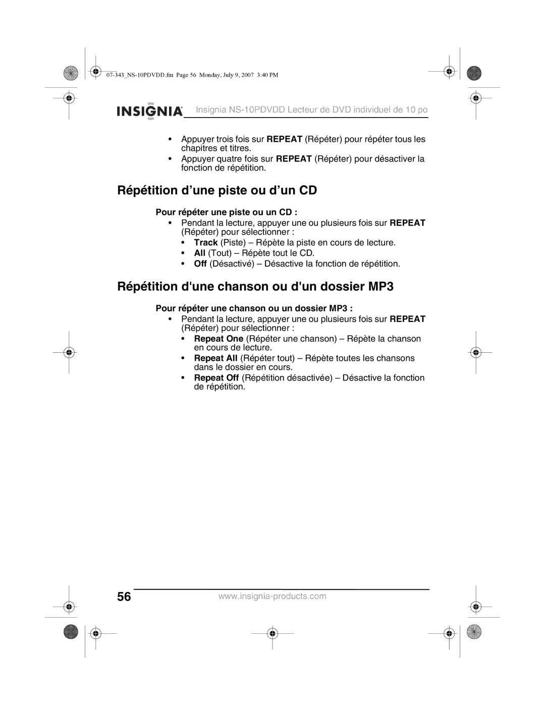 Insignia NS-10PDVDD manual Répétition d’une piste ou d’un CD, Répétition dune chanson ou dun dossier MP3 