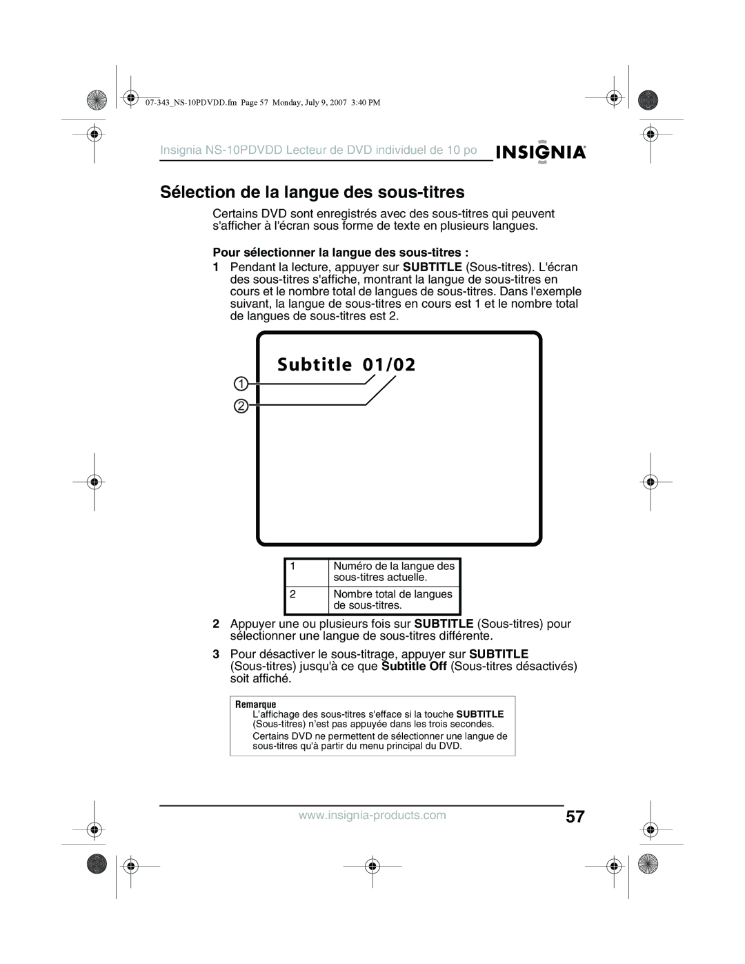 Insignia NS-10PDVDD manual Sélection de la langue des sous-titres, Pour sélectionner la langue des sous-titres 