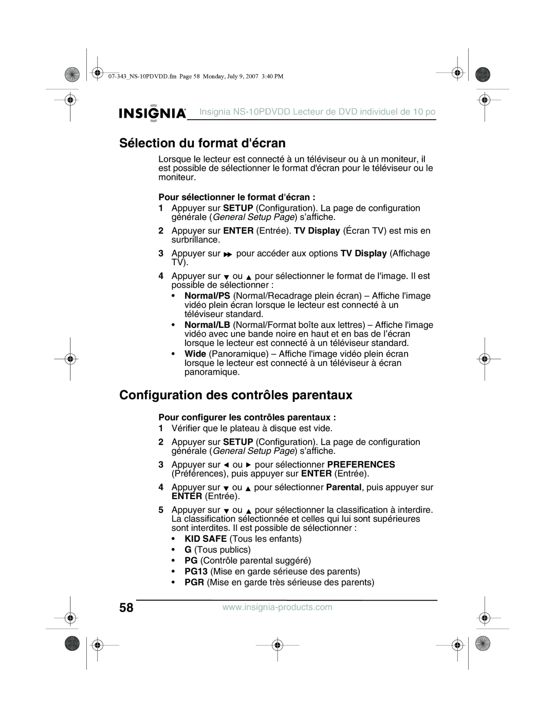 Insignia NS-10PDVDD Sélection du format décran, Configuration des contrôles parentaux, Pour sélectionner le format décran 