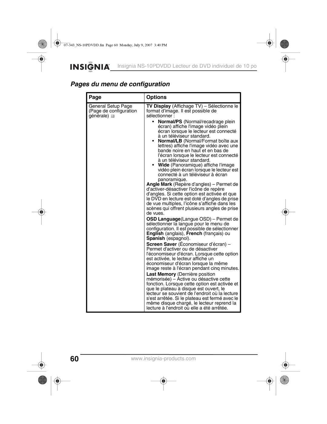 Insignia NS-10PDVDD manual Pages du menu de configuration, Que le plateau à disque est ouvert, le 