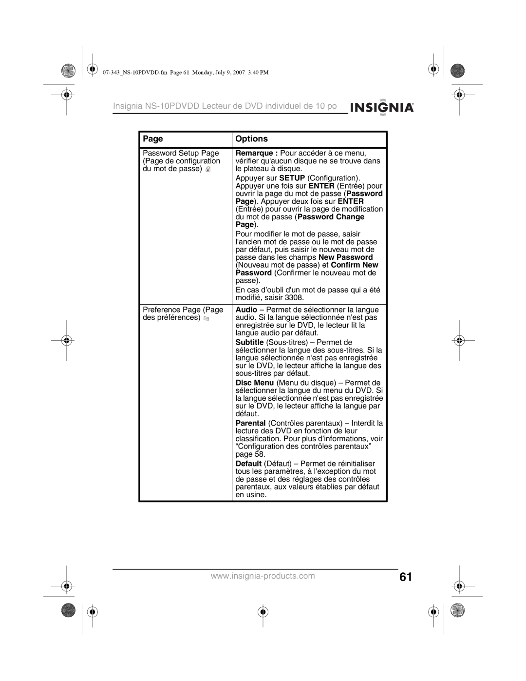 Insignia NS-10PDVDD manual Du mot de passe Password Change 