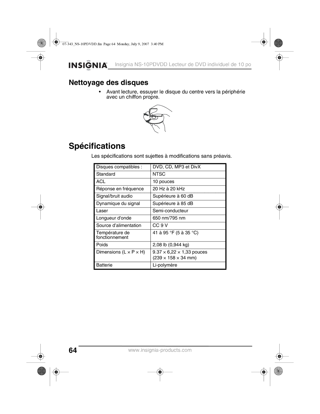 Insignia NS-10PDVDD manual Spécifications, Nettoyage des disques, Acl 