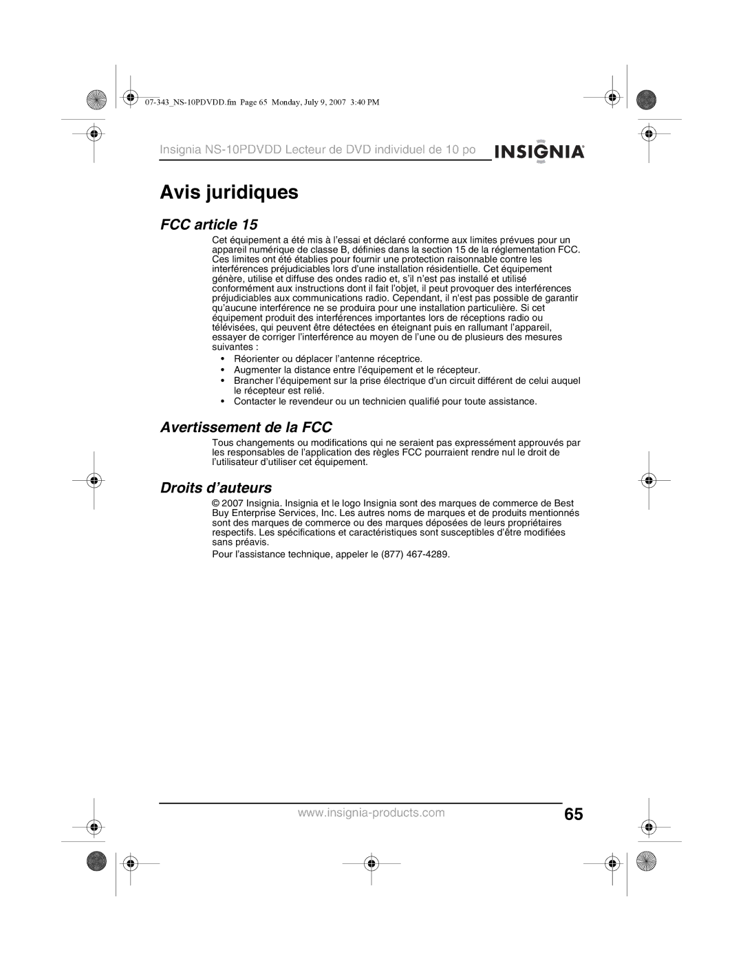 Insignia NS-10PDVDD manual Avis juridiques, FCC article, Avertissement de la FCC, Droits d’auteurs 