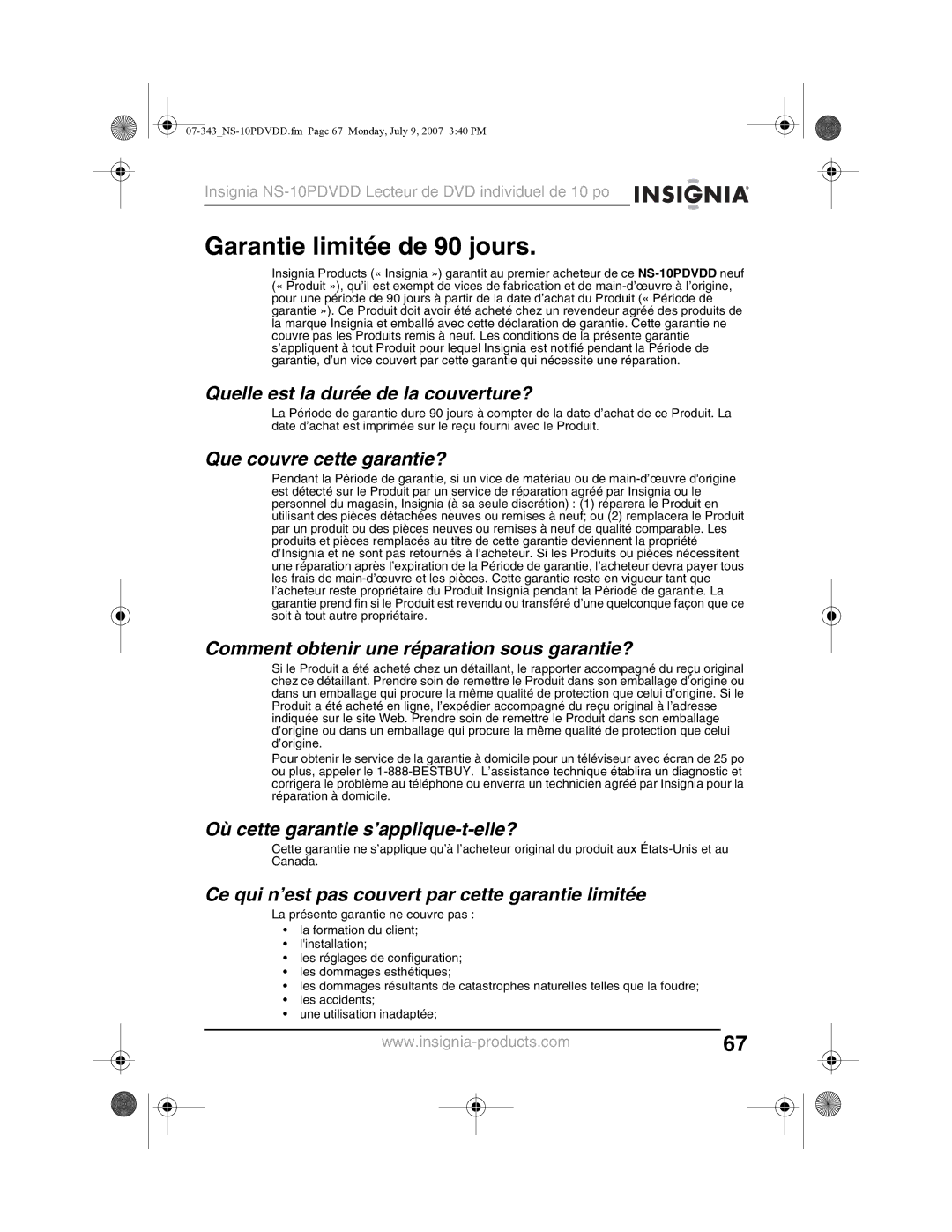 Insignia NS-10PDVDD manual Garantie limitée de 90 jours 