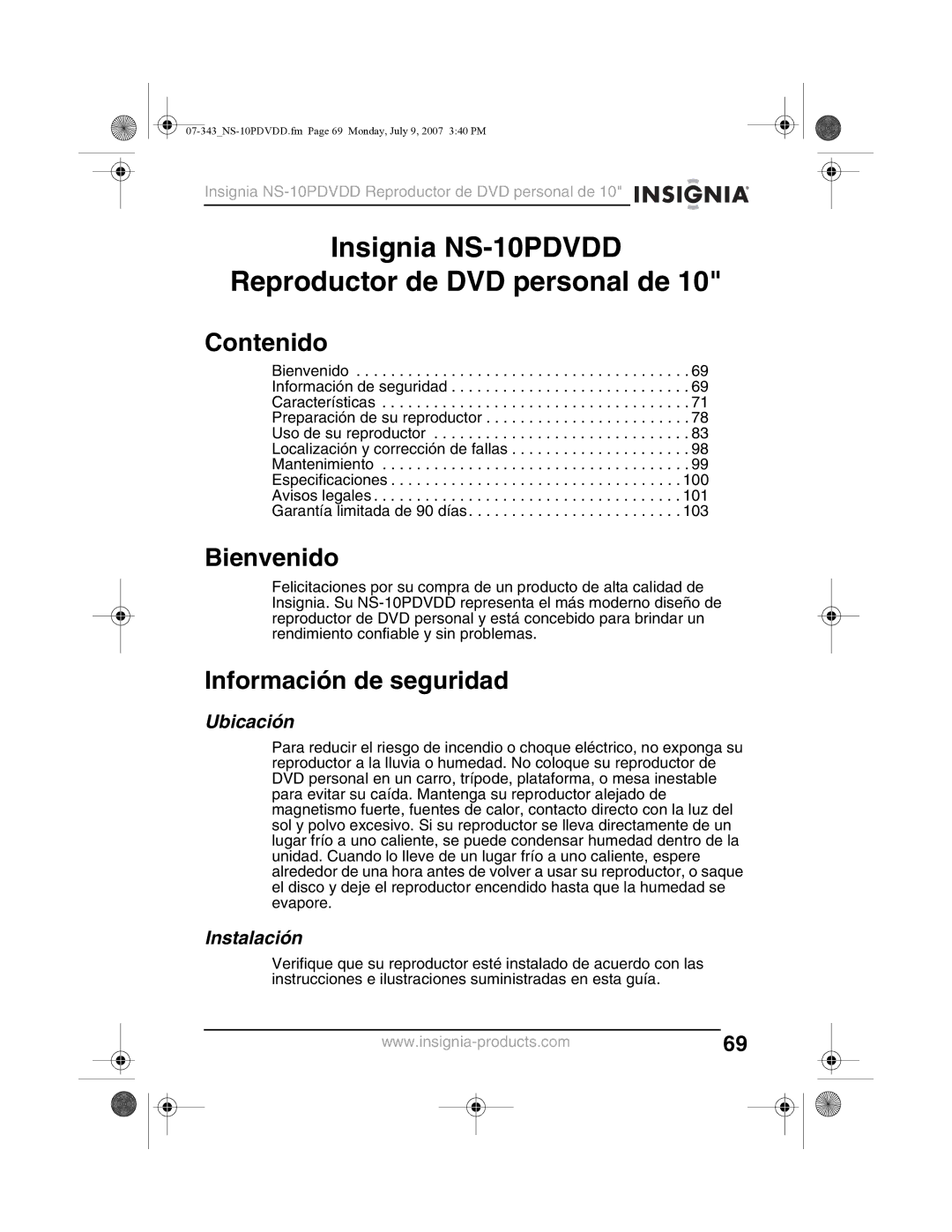 Insignia NS-10PDVDD manual Contenido, Bienvenido, Información de seguridad, Ubicación, Instalación 