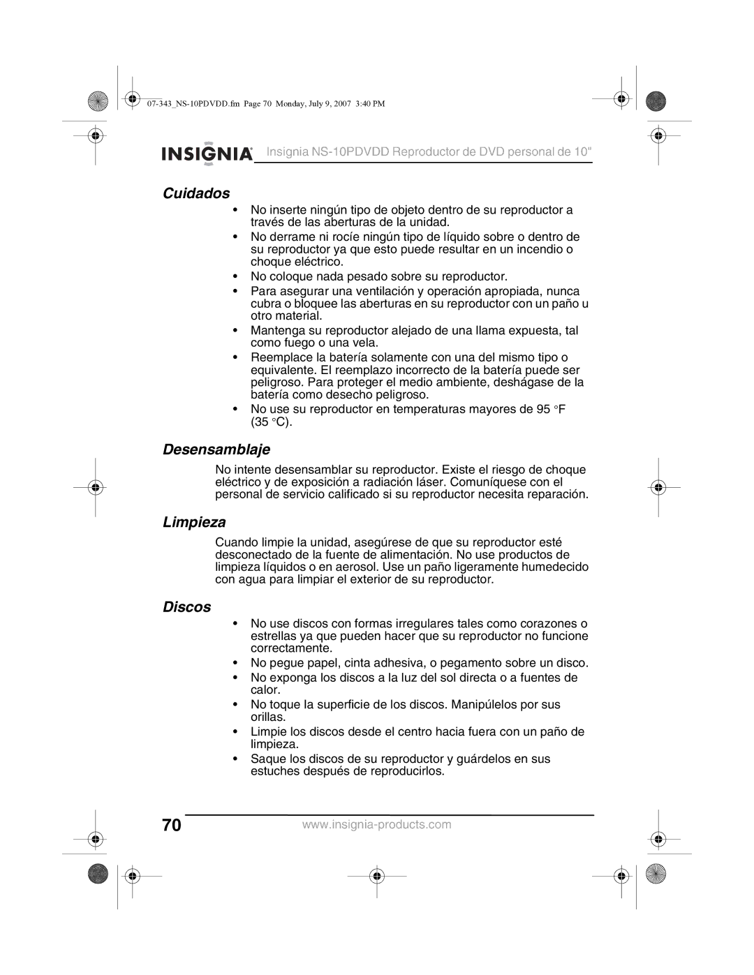 Insignia NS-10PDVDD manual Cuidados, Desensamblaje, Limpieza, Discos 