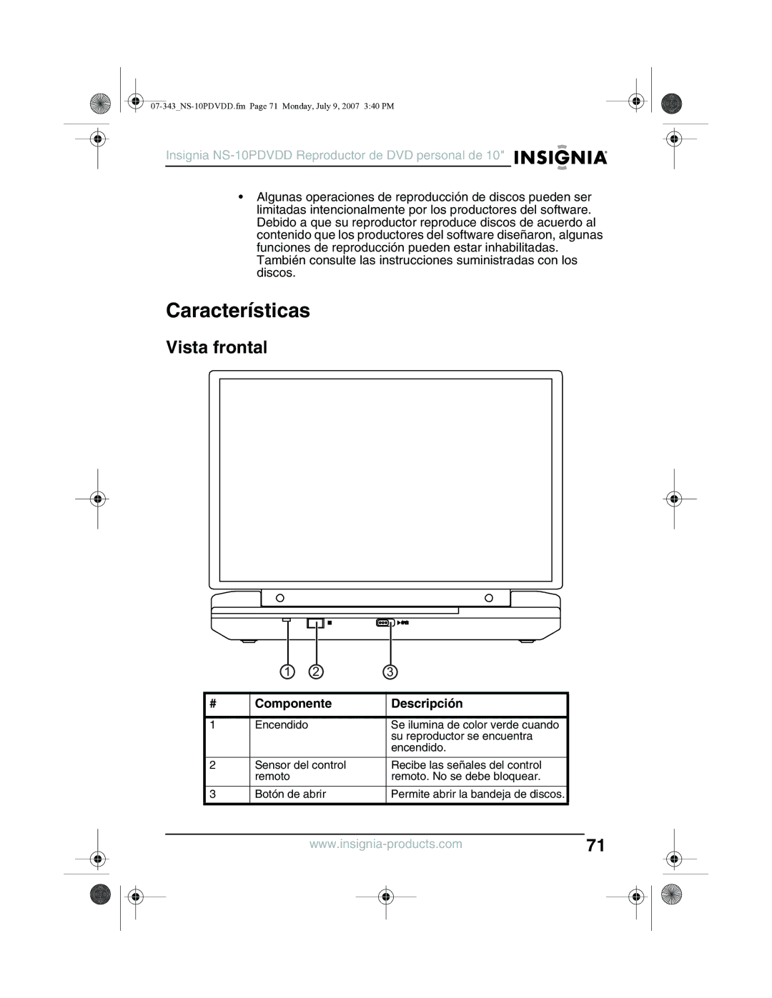 Insignia NS-10PDVDD manual Características, Vista frontal, Componente Descripción 