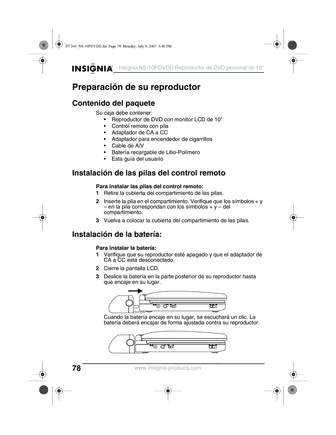 Insignia NS-10PDVDD Preparación de su reproductor, Contenido del paquete, Instalación de las pilas del control remoto 