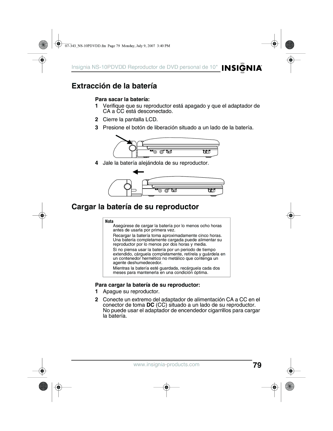 Insignia NS-10PDVDD manual Extracción de la batería, Cargar la batería de su reproductor, Para sacar la batería 