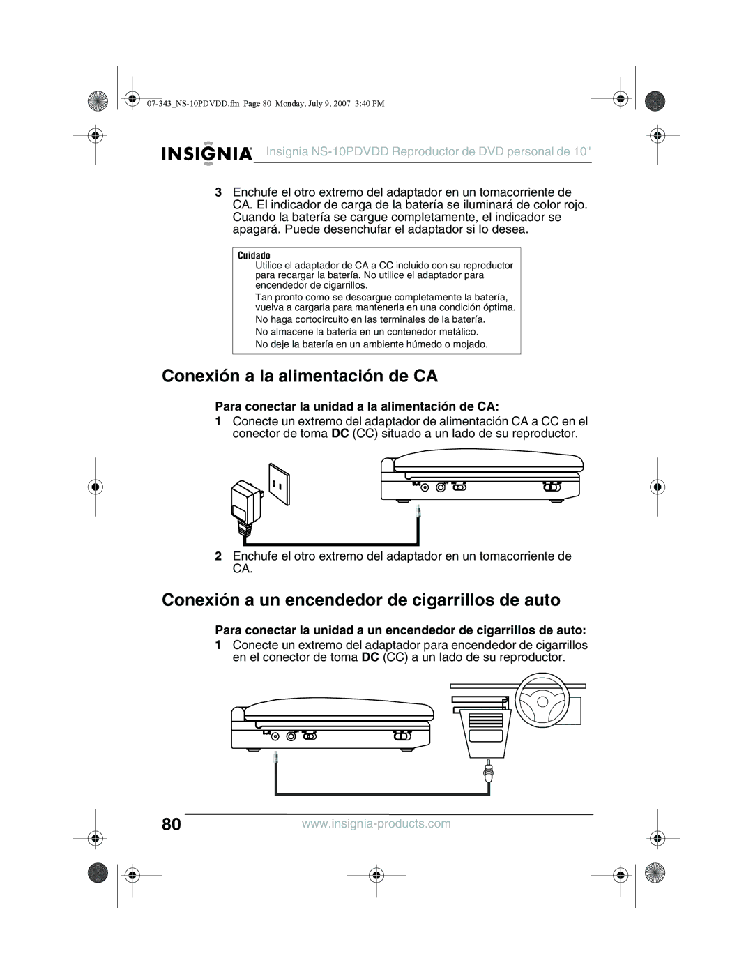 Insignia NS-10PDVDD manual Conexión a la alimentación de CA, Conexión a un encendedor de cigarrillos de auto 