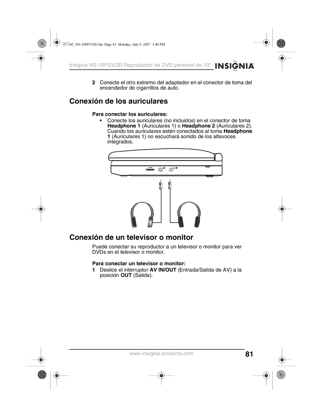 Insignia NS-10PDVDD manual Conexión de los auriculares, Conexión de un televisor o monitor, Para conectar los auriculares 