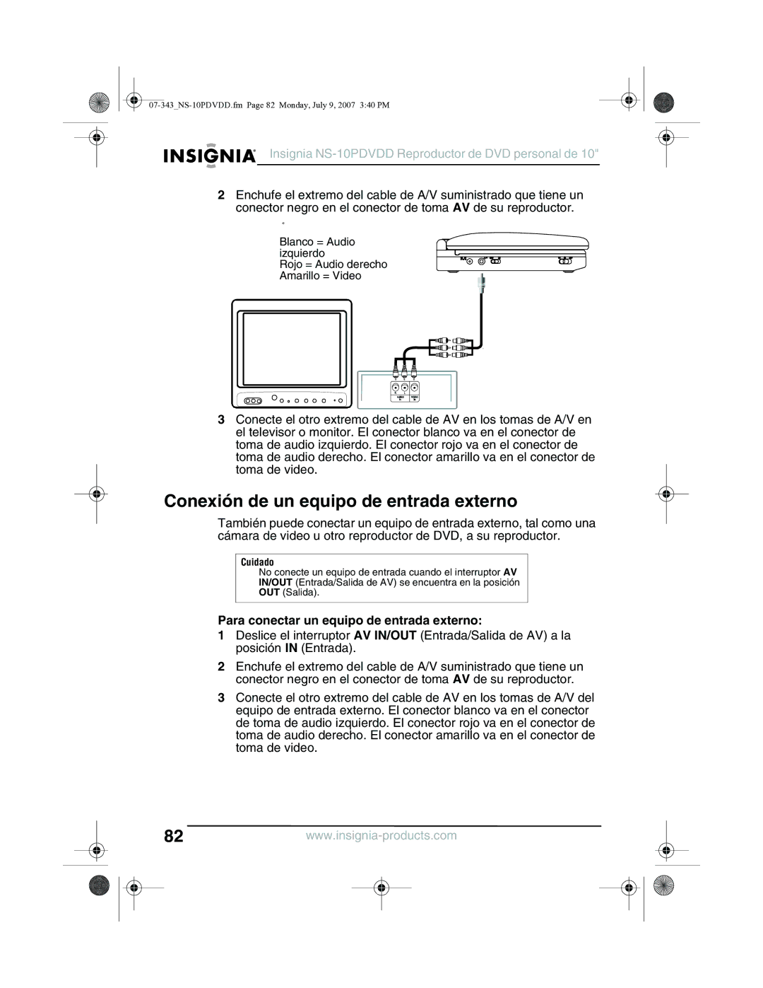 Insignia NS-10PDVDD manual Conexión de un equipo de entrada externo, Para conectar un equipo de entrada externo 