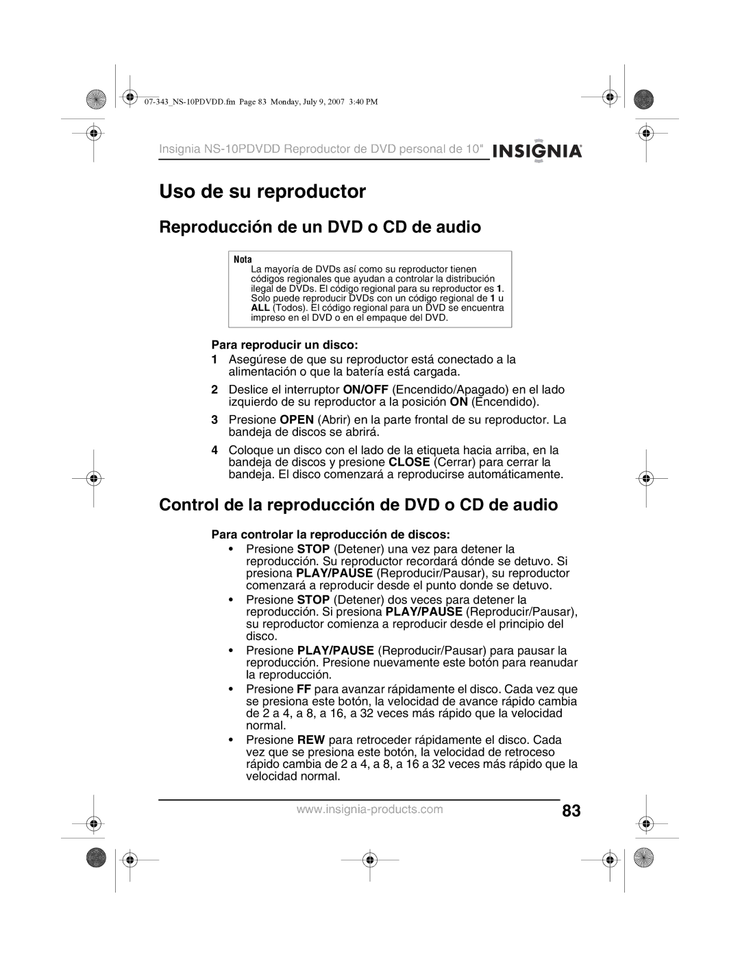 Insignia NS-10PDVDD manual Uso de su reproductor, Reproducción de un DVD o CD de audio, Para reproducir un disco 