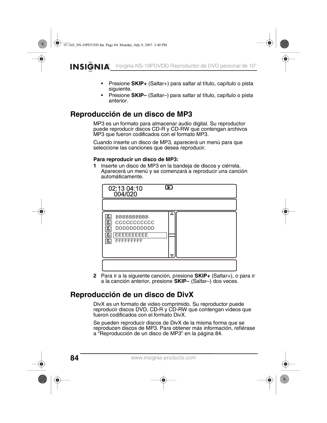 Insignia NS-10PDVDD Reproducción de un disco de MP3, Reproducción de un disco de DivX, Para reproducir un disco de MP3 