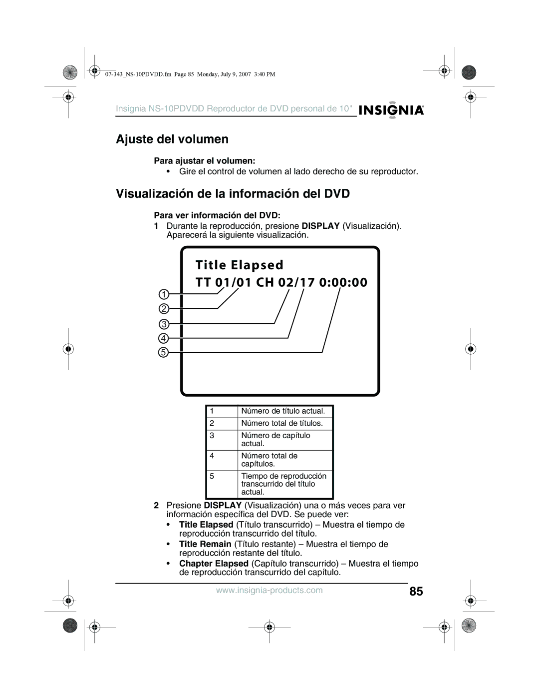 Insignia NS-10PDVDD manual Ajuste del volumen, Visualización de la información del DVD, Para ajustar el volumen 