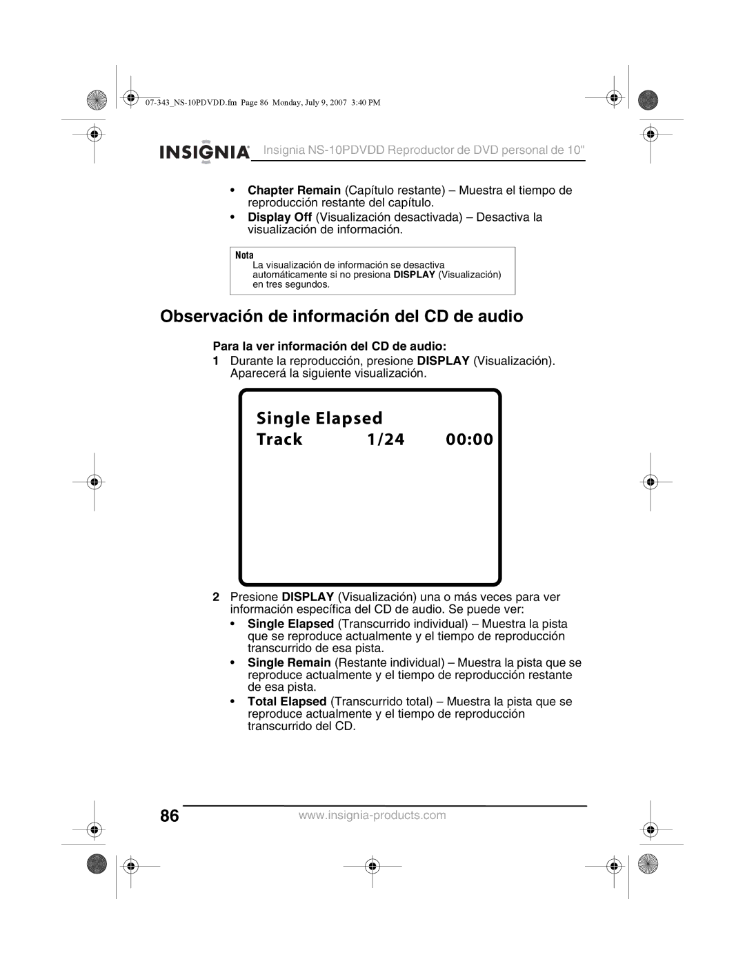 Insignia NS-10PDVDD manual Observación de información del CD de audio, Para la ver información del CD de audio 