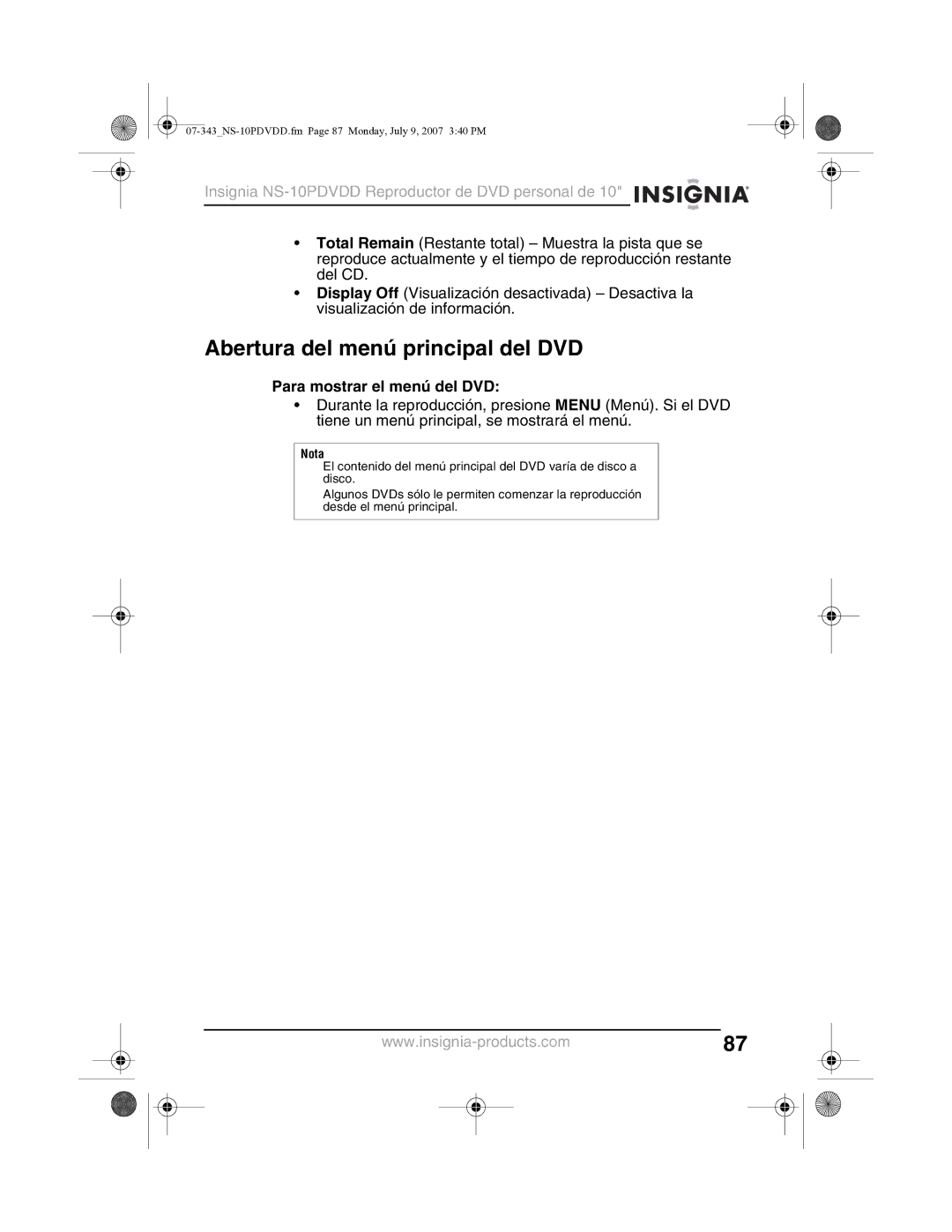 Insignia NS-10PDVDD manual Abertura del menú principal del DVD, Para mostrar el menú del DVD 