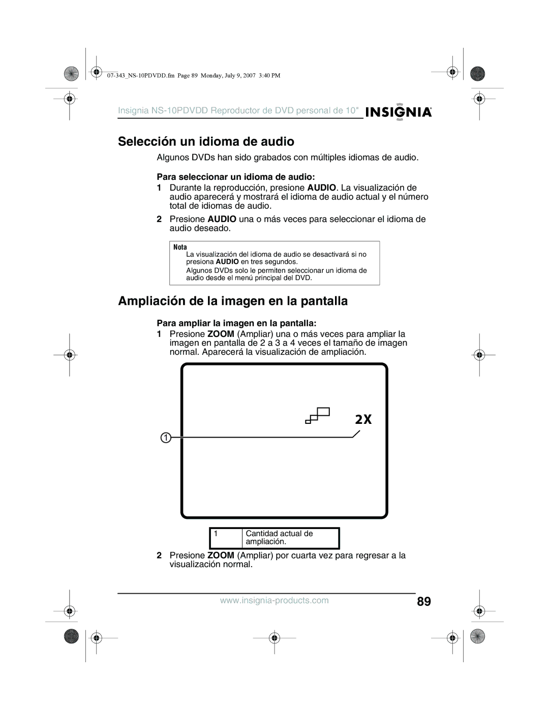 Insignia NS-10PDVDD manual Selección un idioma de audio, Ampliación de la imagen en la pantalla 