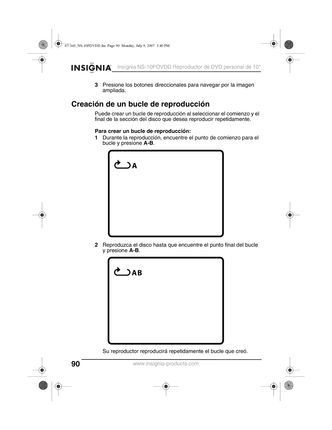 Insignia NS-10PDVDD manual Creación de un bucle de reproducción, Para crear un bucle de reproducción 