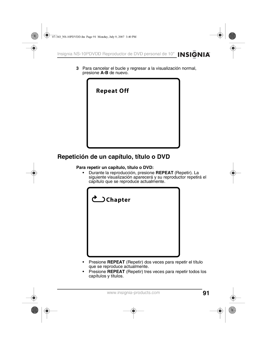 Insignia NS-10PDVDD manual Repeat Off Repetición de un capítulo, título o DVD, Para repetir un capítulo, título o DVD 