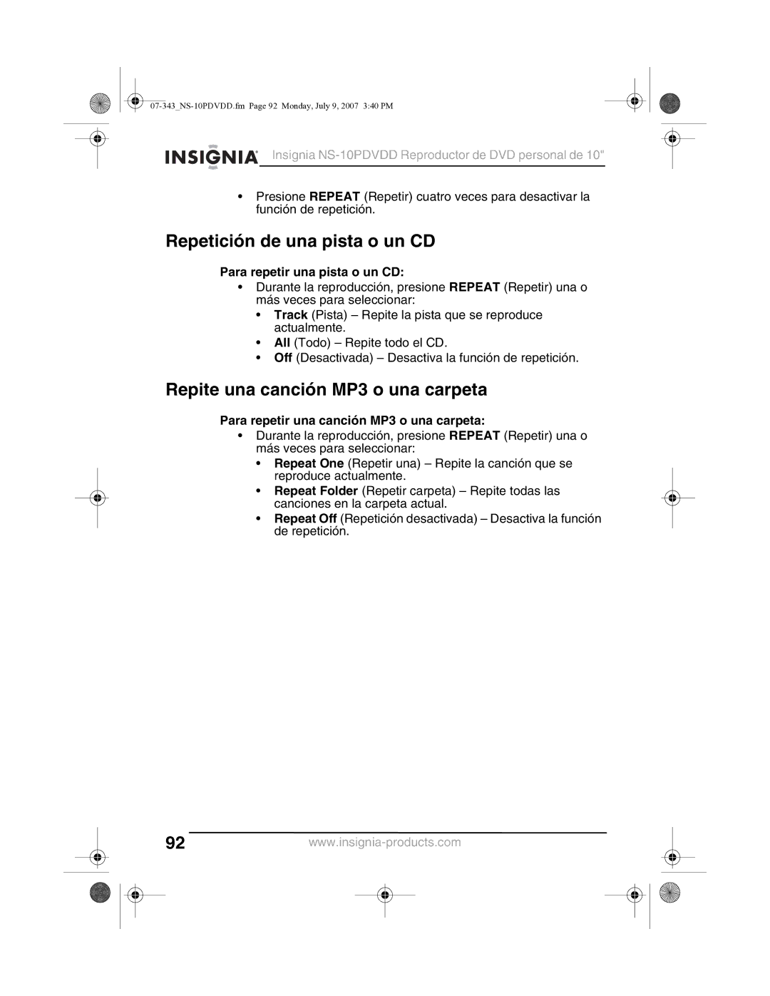 Insignia NS-10PDVDD Repetición de una pista o un CD, Repite una canción MP3 o una carpeta, Para repetir una pista o un CD 