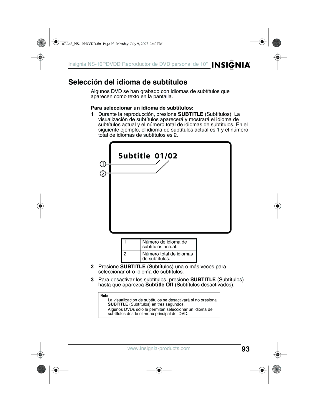 Insignia NS-10PDVDD manual Selección del idioma de subtítulos, Para seleccionar un idioma de subtítulos 