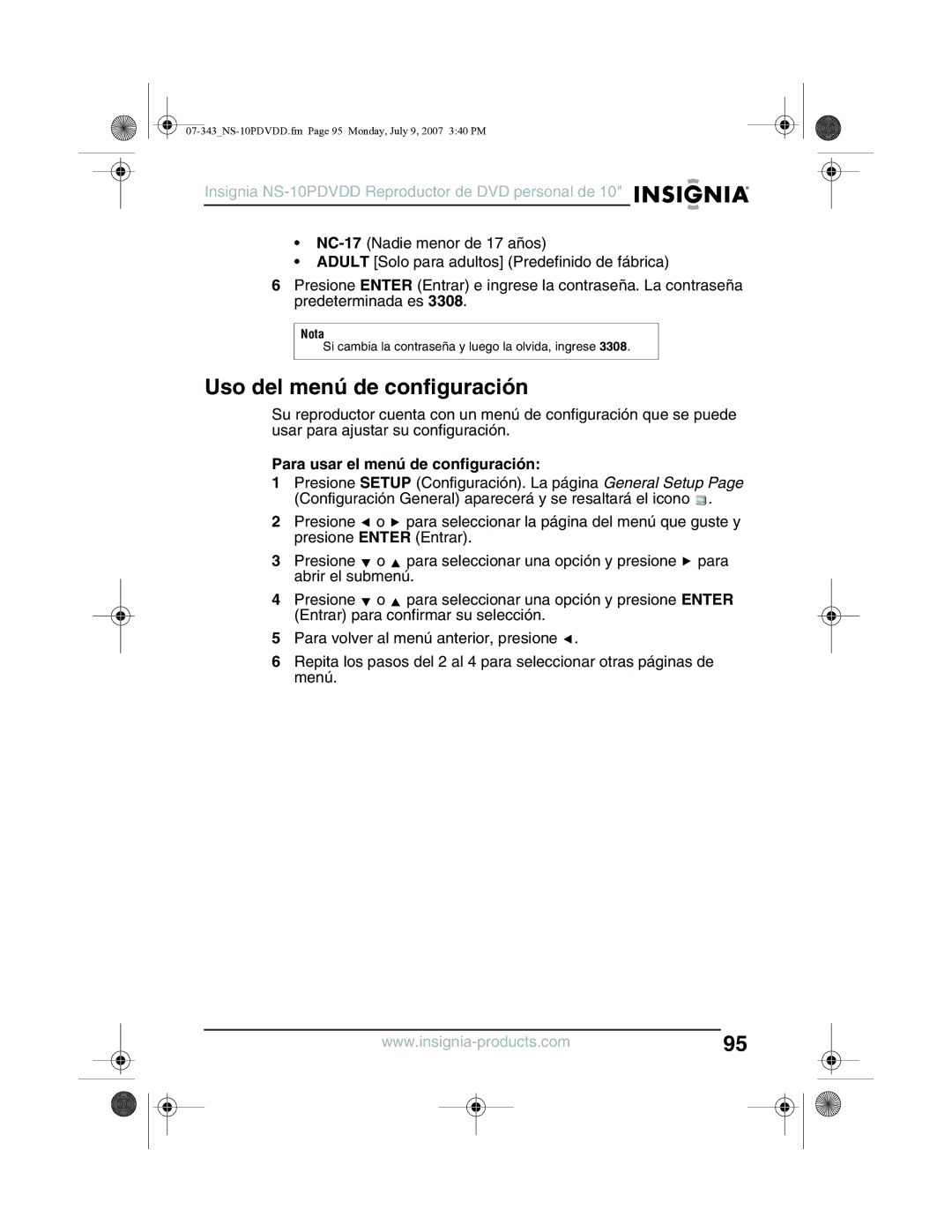 Insignia NS-10PDVDD manual Uso del menú de configuración, Para usar el menú de configuración 