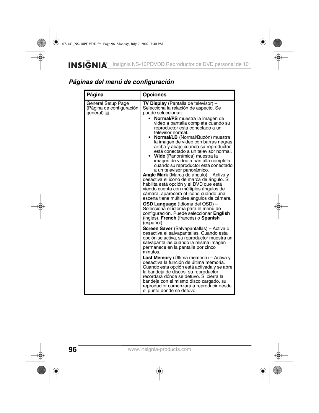 Insignia NS-10PDVDD manual Páginas del menú de configuración, Página Opciones 