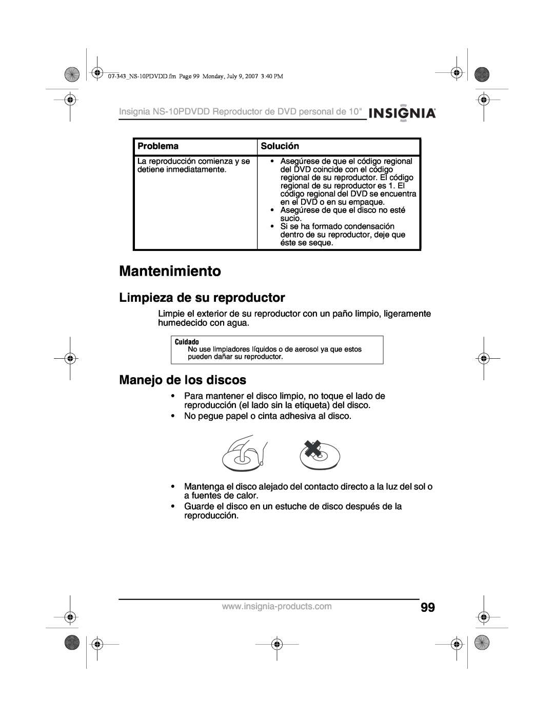 Insignia NS-10PDVDD manual Mantenimiento, Limpieza de su reproductor, Manejo de los discos, Problema, Solución 