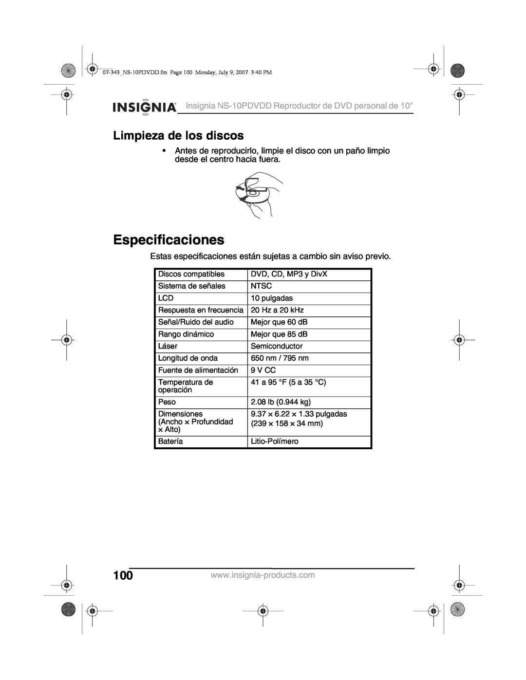 Insignia manual Especificaciones, Limpieza de los discos, Insignia NS-10PDVDD Reproductor de DVD personal de 