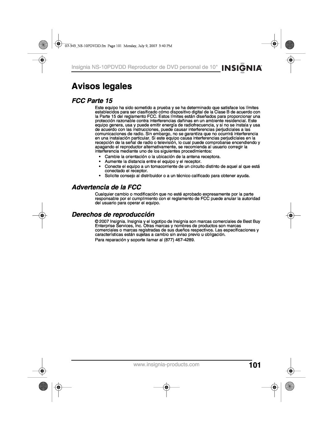 Insignia NS-10PDVDD manual Avisos legales, FCC Parte, Advertencia de la FCC, Derechos de reproducción 