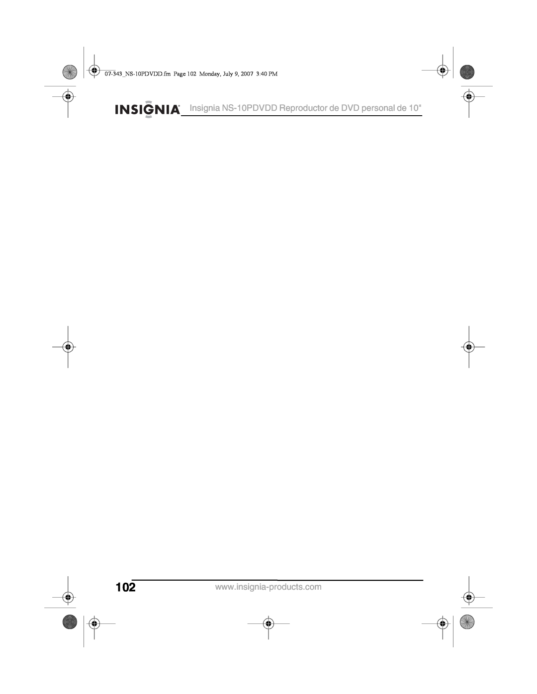 Insignia Insignia NS-10PDVDD Reproductor de DVD personal de, 07-343NS-10PDVDD.fm Page 102 Monday, July 9, 2007 340 PM 