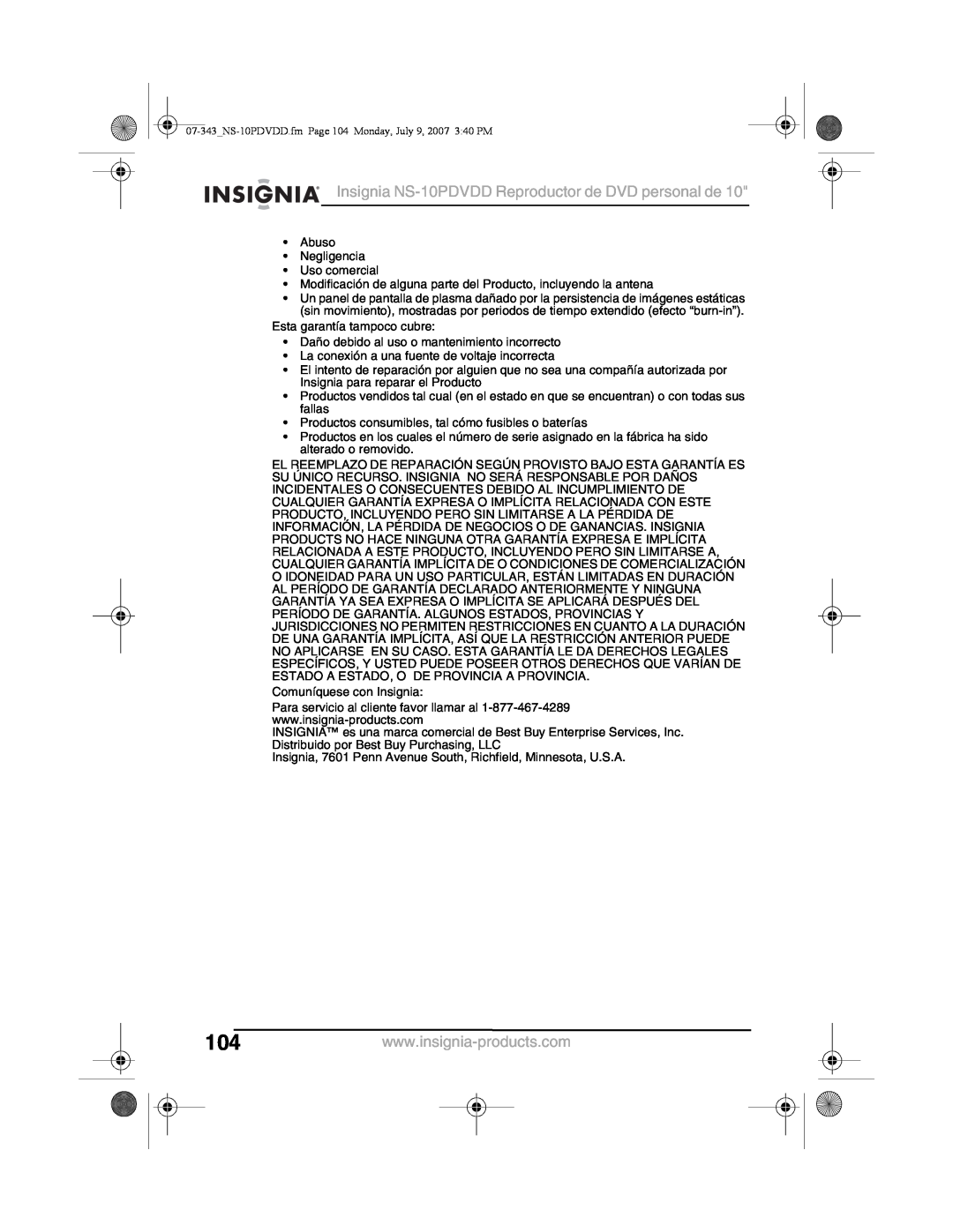 Insignia Insignia NS-10PDVDD Reproductor de DVD personal de, 07-343NS-10PDVDD.fm Page 104 Monday, July 9, 2007 340 PM 