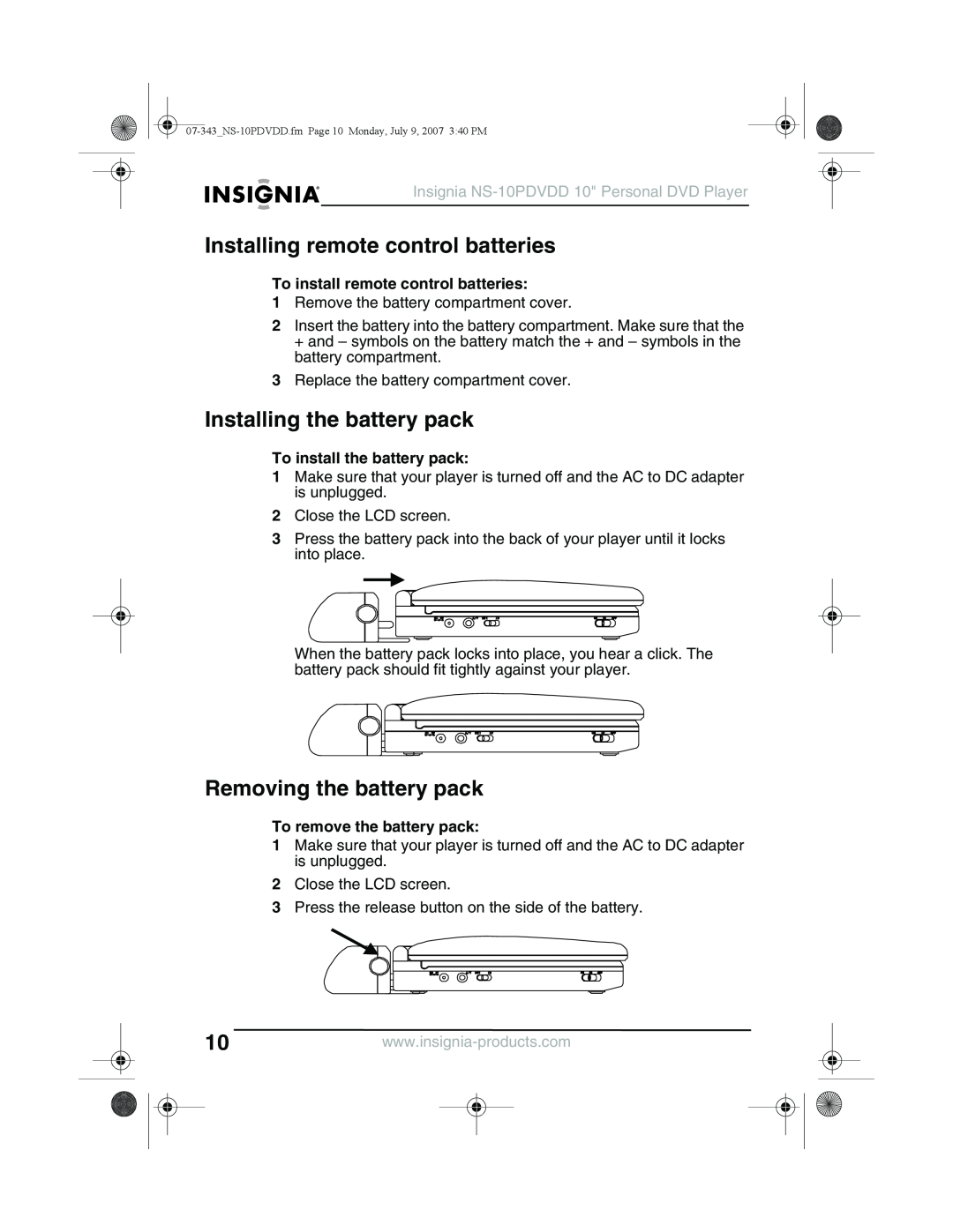 Insignia NS-10PDVDD manual Installing remote control batteries, Installing the battery pack, Removing the battery pack 